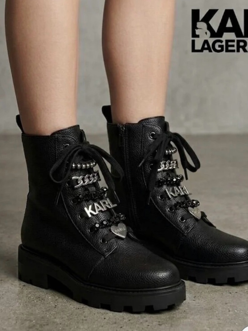 Karl Lagerfeld Black Leather Lace-Up Combat Boots with Logo Charms